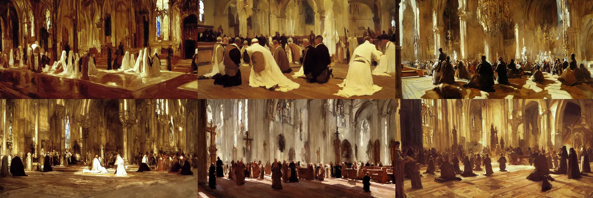 Prompt: masterpiece painting of medieval kings kneeling before the pope, in a church. arstation, joaquin sorolla, craig mullins