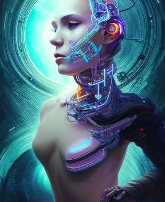 Image similar to a whirlwind of souls rushing inside the metaverse, hologram, half body, neurochip, shaved temple, piercing, jewelry, android, cyborg, cyberpunk face, by loish, d & d, fantasy, intricate, elegant, highly detailed, colorful, digital painting, artstation, concept art, art by artgerm and greg rutkowski and alphonse mucha