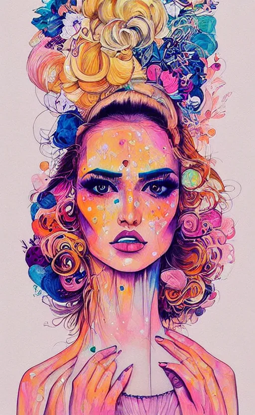 Prompt: an ultra detailed beautiful painting of a stylish woman with colorful sundress, concert poster, modern retro, symmetrical, harumi hironaka, conrad roset, greg rutkowski