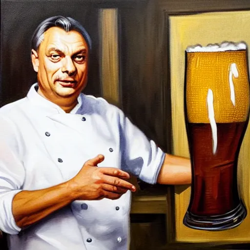 Prompt: viktor orban brewing beer in his kitchen, oil painting