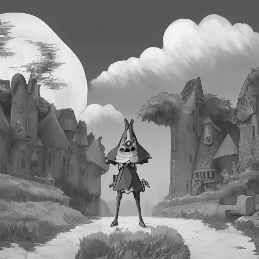Image similar to a black and white matte painting of an anthropomorphic rat dressed in medieval clothing, renaissance, studio Ghibli, open landscape, plants