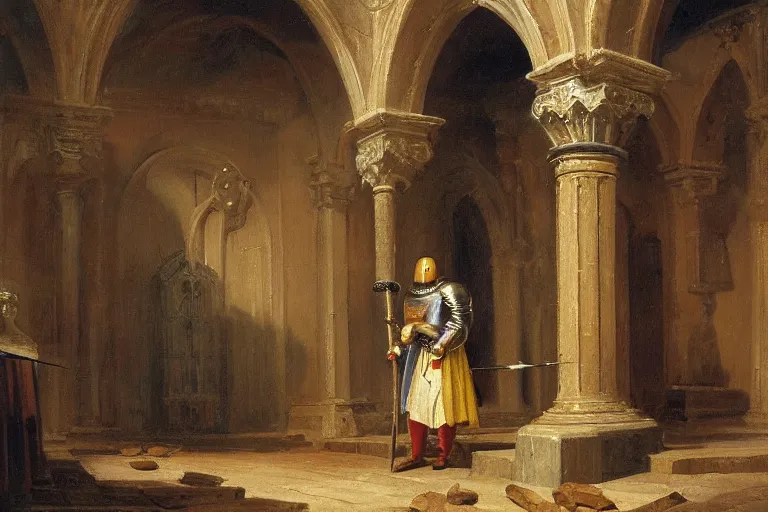 Image similar to an oil painting of a knight wearing plate armor in a medieval church, 4 k, highly detailed, painted by thomas cole