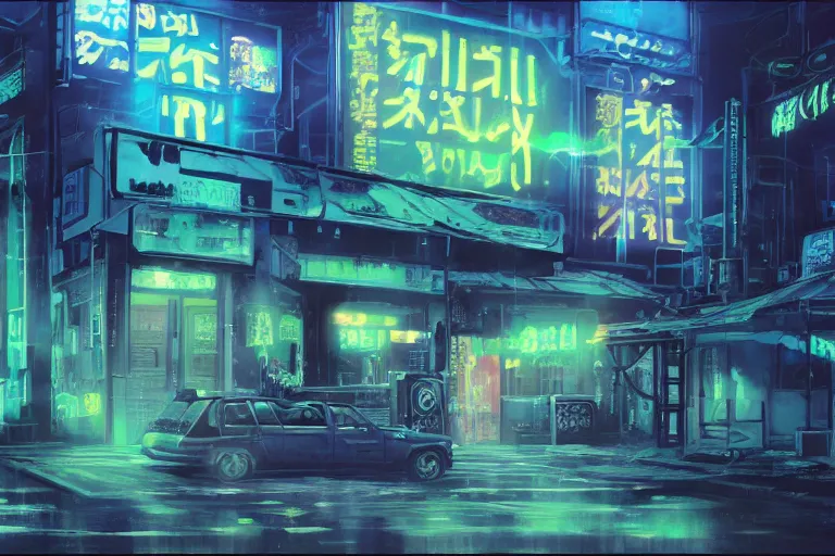 Prompt: Oil painting of a cyberpunk funeral home, 4k, art by Hans Rudolf Geiger and Shirow Masamune, still from anime Serial Experiments Lain, sad atmosphere, moody neon lighting, lots of cigarette smoke