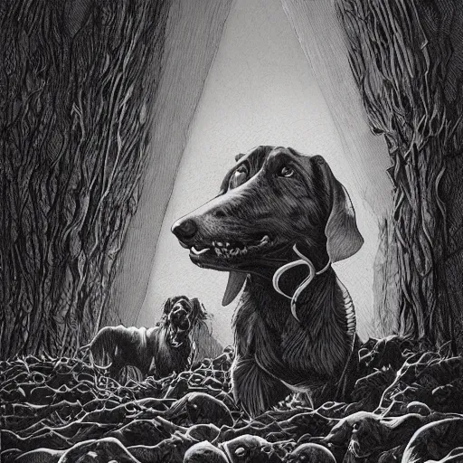 Image similar to the dogs of doom are howling, Michael Whelan, comic art, pen and ink, black and white