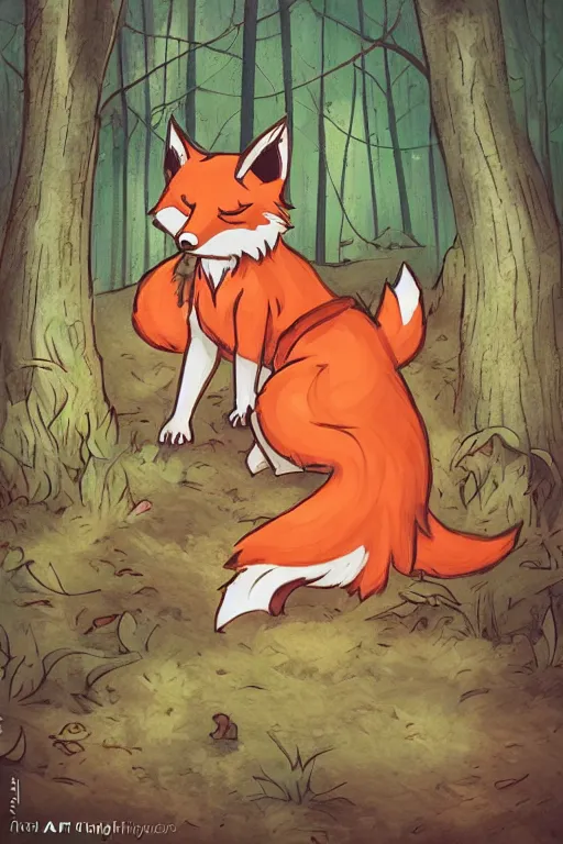 Image similar to a pretty medieval anthropomorphic fox with a fluffy tail in the forest, comic art, trending on furaffinity, cartoon, kawaii, backlighting, furry art!!!, radiant light, bokeh, trending on artstation, digital art