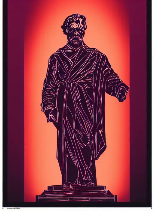 Image similar to elegant dark design poster showing a beautiful greco roman statue of friedrich nietzsche, black background with very subtle red and purple design elements, bold, powerful, nekro, vito acconci, thin straight purple lines, dark, glitch art, neo vaporwave, gritty, layout frame, square, trending on artstation