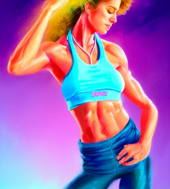 Prompt: female jazzercise instructor, perfect face, 1 9 8 0 s hairsprayed hair, neon pink halter top, flowing hair, abs, cinematic, blush, stunning, athletic, strong, agile, highly detailed, psychedelic, digital painting, artstation, smooth, hard focus, illustration, art by jessica rossier and and brian froud