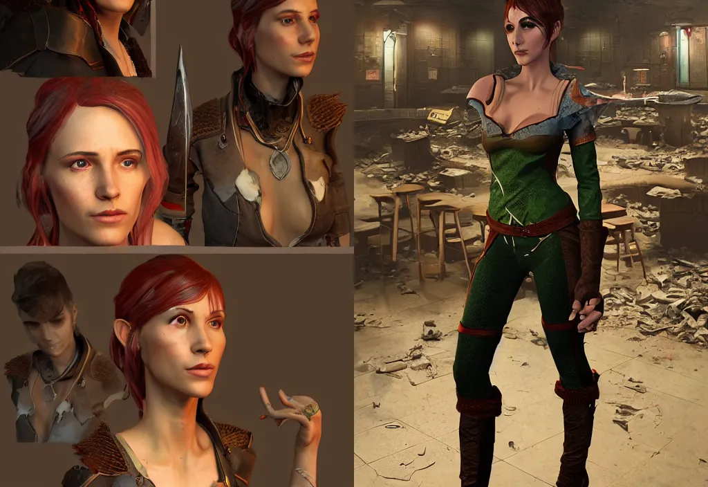 Prompt: 3 d character portrait of a female lavellan from dragon age walking through a destroyed dive bar wearing inquisitor clothes, with a realistically proportioned face, realistically rendered face, enhanced face, 3 d model, 3 d headsculpt, headsculpt, illustration, digital painting, realistic lighting, photorealistic eyes, good value control, realistic shading, substance painter