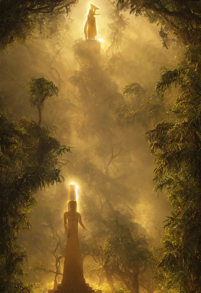 Image similar to an giant ancient golden statue of egyptian god of the sun in a strange mystical jungle surrounded by mist, accurate to egyptian tradition, aged and overgrowth of vines, symmetrical statue, small human in foreground, light rays breaking through tree canopy, dynamic lighting, emotional, hyper detailed, art by christophe vacher