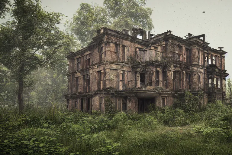 Image similar to ruined, abandoned polish mansion, seen from inside and overgrown by plants. Low camera angle. 40 mm lens. First light of day falls through the broken windows. Dirt, leaves on ground. Warm colors. Octane render. Substance painter. Zbrush. Trending on artstation. 8K. Highly detailed.