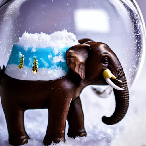 Prompt: a photograph of an elephant inside a snow globe toy, close-up detailed photo