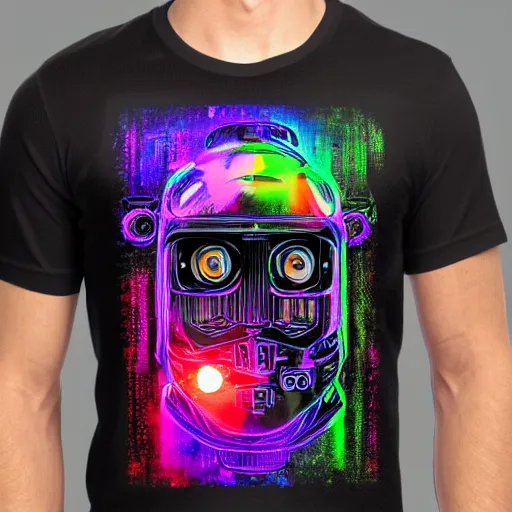 Image similar to black tshirt with a hyperdetailed portrait of a spaced out diesel punk robot, 8 k, symetrical, flourescent colors, multicolored,