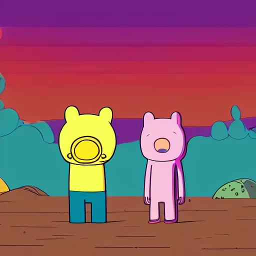 Image similar to Adventure Time Finn and Jake, synthwave, 4k, sharp, high details