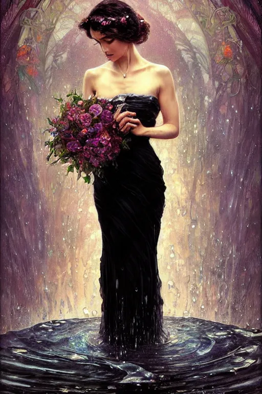 Image similar to portrait of a beautiful woman wearing a black dress, holding a bouquet of flowing flowers, drenched body, wet dripping hair, emerging from the water, fantasy, regal, fractal crystal, fractal gems, by stanley artgerm lau, thomas kindkade, alphonse mucha, loish, norman rockwell