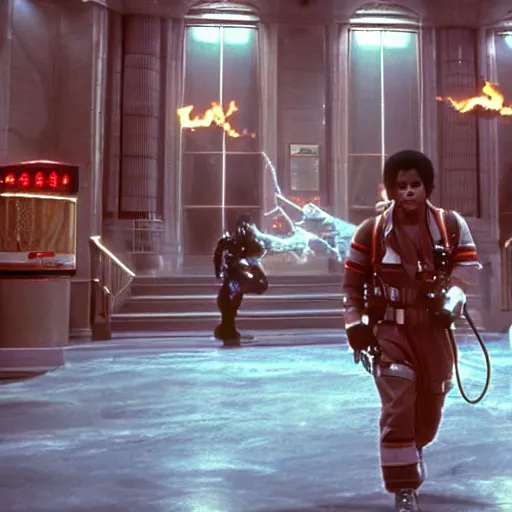 Image similar to stunning awe inspiring michael jackson as a ghostbuster in the movie ghostbusters, movie still 8 k hdr atmospheric lighting