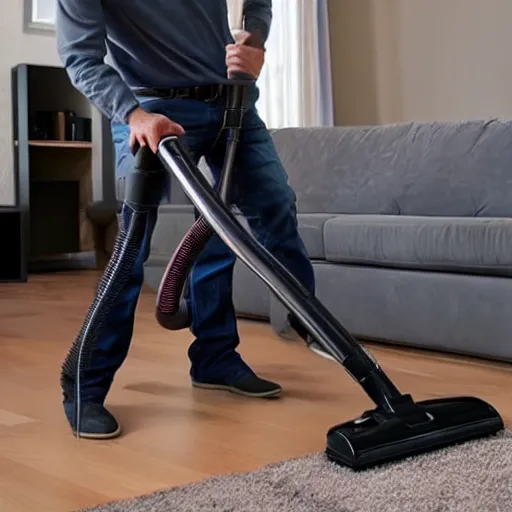 Image similar to a man rides a vacuum cleaner as if it were a horse, 8k, hyper-realistic