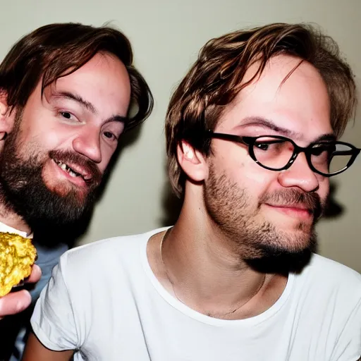 Image similar to pewdiepie and sergey mavrodi drinking and eating gold burgers together