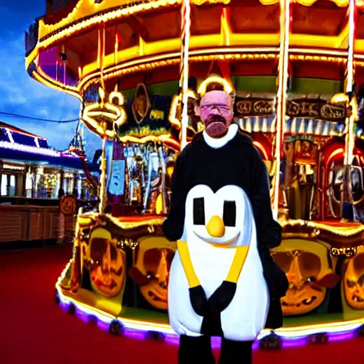 Image similar to photograph of walter white in a penguin costume standing in front or a carousel in disneyland, dark, ominous lights