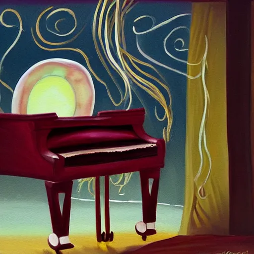 Image similar to a painting of a jellyfish playing the piano on stage in the spotlight