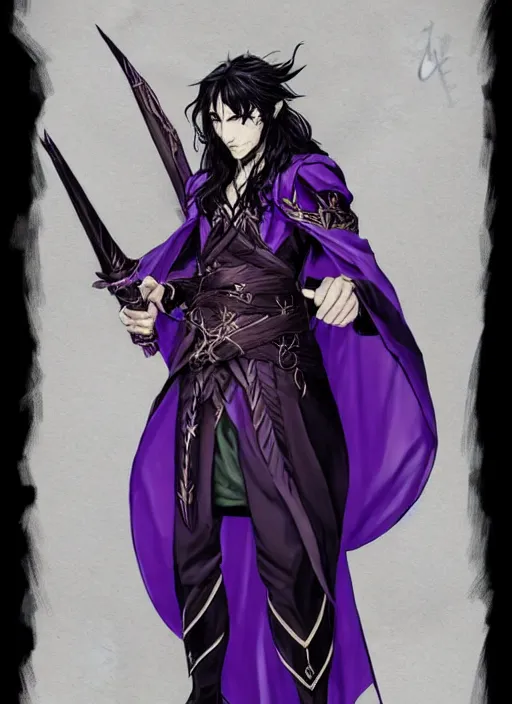 Image similar to Full body portrait of a handsome elven aristocrat with long black hair wearing purple mage robe. In style of Yoji Shinkawa and Hyung-tae Kim, trending on ArtStation, dark fantasy, great composition, concept art, highly detailed, dynamic pose.