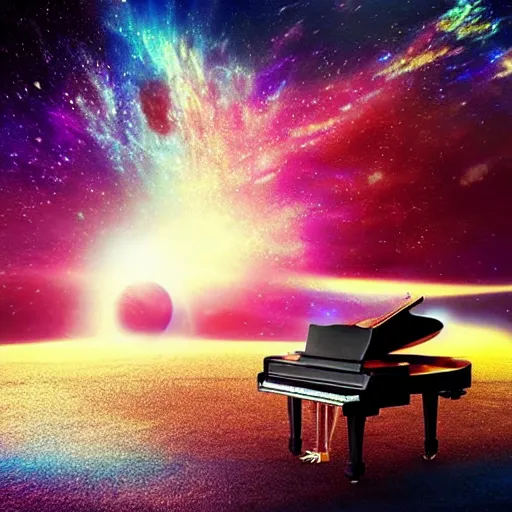 Prompt: a piano with an open wing, a galaxy inside the wing, cinematic, bright, in the style of charlie bowater