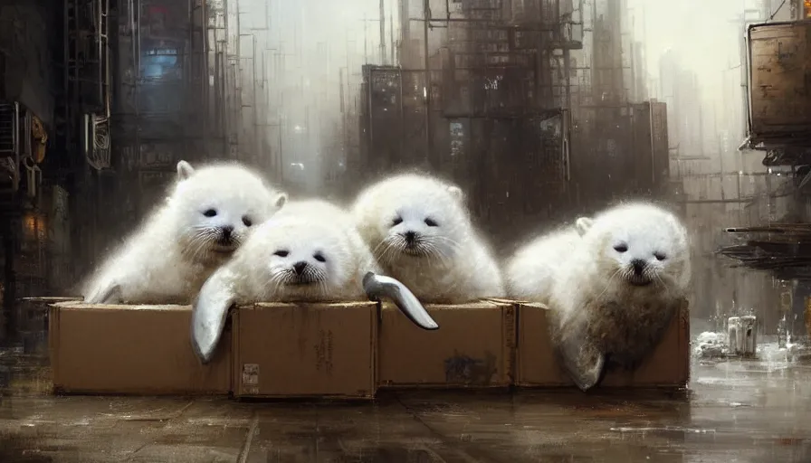 Prompt: highly detailed painting of cute furry white baby seals cuddled up in a cardboard box in a dystopian cyberpunk street by william turner, by greg rutkowski, thick brush strokes and visible paint layers, 4 k resolution, retrowave colour scheme
