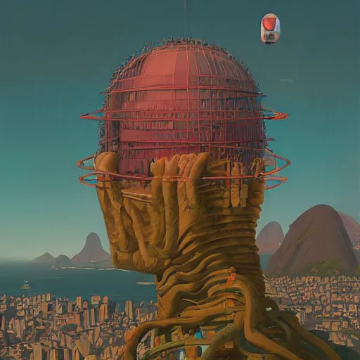 Image similar to a giant head floating above rio de janeiro by simon stalenhag