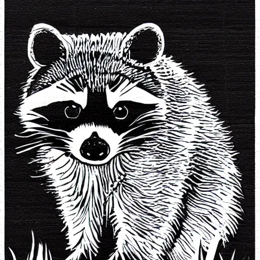 Image similar to raccoon, cute, block print, simple stylized, black ink on white paper