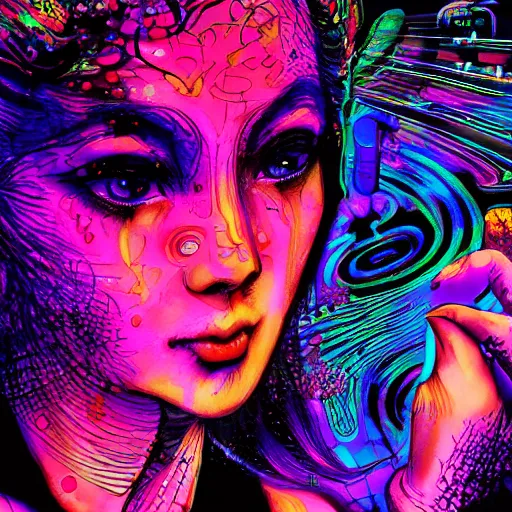 Image similar to girl dancing in a club, expressive digital art, psychedelic, lsd, by yoshitaka amano, by dan mumford, close - up portrait, trending on artstation, 4 k