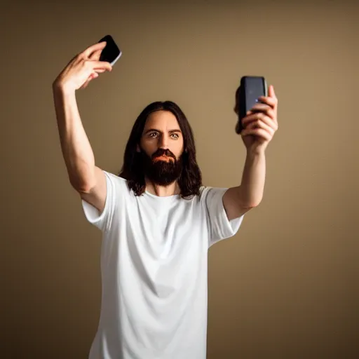 Image similar to jesus christ taking a selfie and posing for a photo, award winning photography, hdr, studio lighting, dynamic pose, medium close shot, shot on canon eos r 5, f / 2. 5,