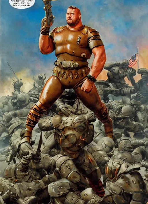 Prompt: full body and head portrait of Hafþór Júlíus Björnsson in science fiction combat armour battling tiny soldiers, dynamic action, painted by norman rockwell and phil hale and greg staples and tom lovell and frank schoonover and jack kirby