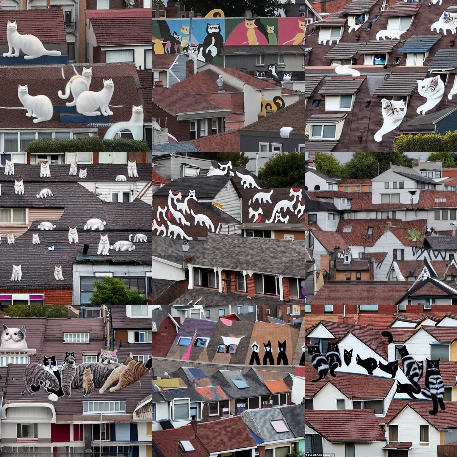 Prompt: a crowd of cats on the roofs watching a crowd of neighbours protesting against painted giant cats murals on their houses