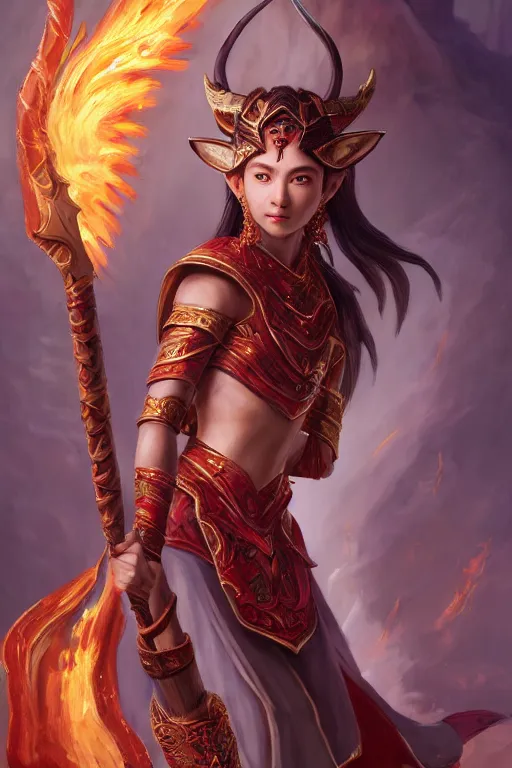 Image similar to a masterpiece portrait of nezha, young elf prince holding spear, flame everywhere, epic pose, fantasy character portrait, closeup shot, hyper detailed, digital painting, 8 k realistic, trending on artstation, sharp focus, dof, by fenghua zhong, artgerm, ne zha from smite, jeff easley, raymond swanland