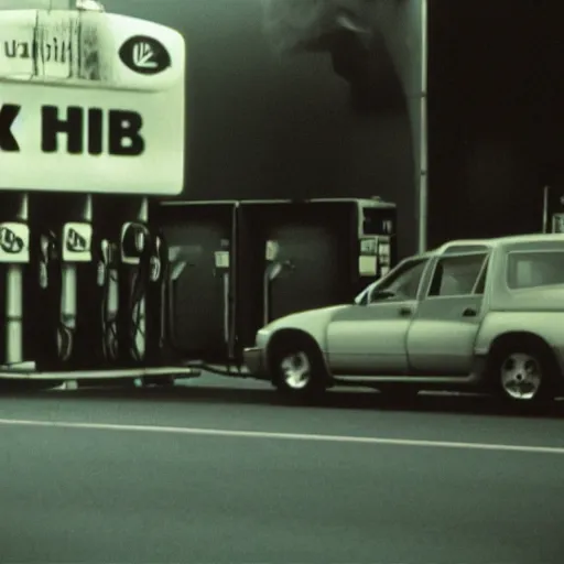 Image similar to a blobfish kaiju trashing a petrol station, cinematic, 35mm VHS copy film grain directed by David Lynch