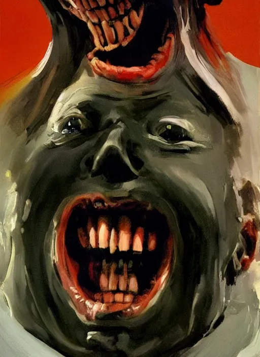 Prompt: joe biden mouth open, teeth and uvula!!!!!!!!! showing, drool, laugh fear!!!!!! scary, painting by phil hale, fransico goya,'action lines '!!!, graphic style, visible brushstrokes, motion blur, blurry, visible paint texture, crisp hd image