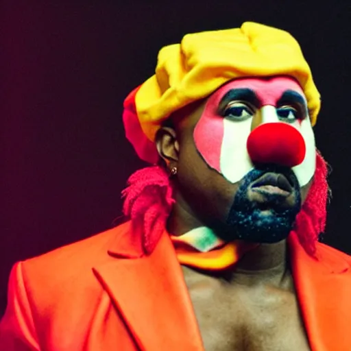 Image similar to Kanye west dressed up as a clown, kanye 🤡, funny, kanye west the rapper on stage, rtx on, real life visuals, high detail, cinematic view