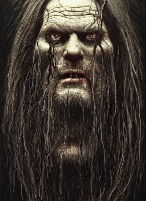 Image similar to portrait of a 6 0 year old giant man zombie wiking with long tattered tangles of thinning black hair, eerie glowing eyes, wall hanging trophy taxidermy, hyper realistic head, fantasy art, in the style of greg rutkowski, zdizslaw beksinski, intricate, alphonse mucha, hyper detailed, smooth