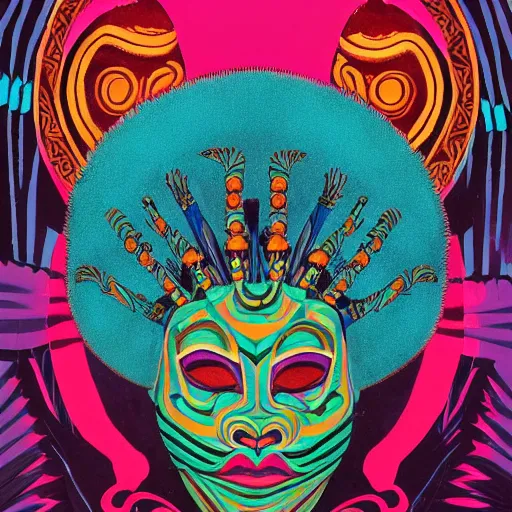 Prompt: Georgia Anne Muldrow, VWETO II, album art, 1970s, turquoise, side portrait, tribal mask inside mask, animalia, afro-psychedelia, afrocentric mysticism, in the style of Greg Hildebrandt