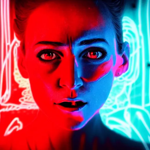 Image similar to style of Charlie Bowman, symmetrical detailed woman Stella Maeve who is screaming scared face, symmetrical eyes symmetrical, The interior of an cave lit in red, blue neon light coming from the back of the cavern, mysterious atmosphere