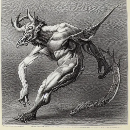 Prompt: full body grayscale drawing by Gustave Dore of muscled horned humanoid beast, swirling flames