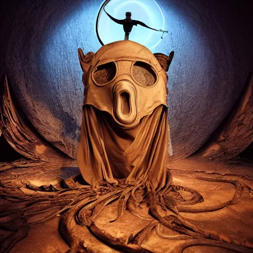 Image similar to sandman god of dreams wearing an plague - doctor mask, deliver me cosmic sight,, by patrick woodroffe, by igor morski, by lauri lipton, valley of the damned background, cinematic lighting, volumetric lighting, neosurrealism, realistic shadows, sandman, particle effects, rendered in octane, fantasy