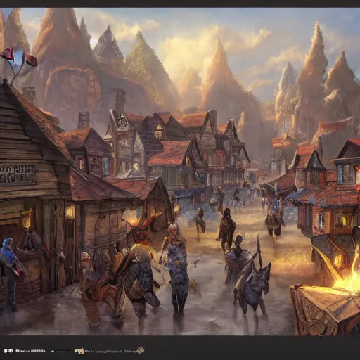 Image similar to large fantasy town filled with people, game concept art, illustration, unreal,