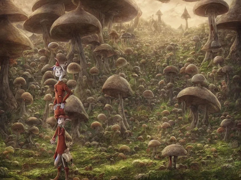 Image similar to A centered chest up portrait of an anthropomorphic mule, magic mushroom village in background, award winning. superb resolution. in the art style of junji Ito and greg rutkowski . Mule, Mule. Detailed Mushroom city in background. Hyper realistic anime. Perfect art. Dalle2