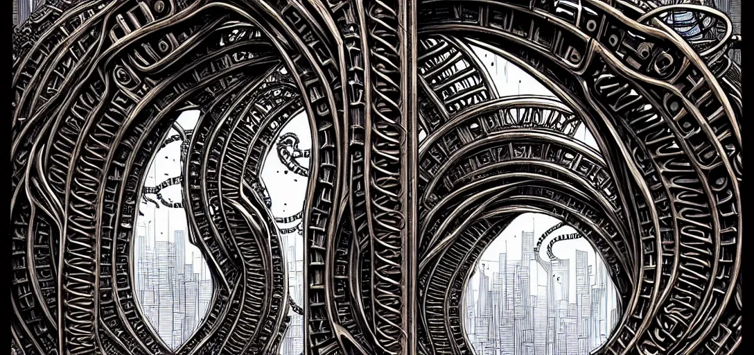 Image similar to a double helix dna cyberpunk steampunk stone carved archway, high details, lineart, by vincent di fate and joe fenton, inking, screen print, masterpiece, trending on artstation, sharp, high contrast, hyper - detailed,, hd, 4 k, 8 k