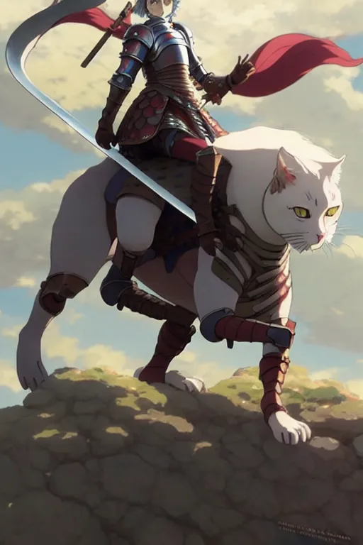 Image similar to a full body of the female knight riding a giant cat with gigantic sword, finely detailed features, closeup at the faces, perfect art, gapmoe yandere grimdark, trending on pixiv fanbox, painted by miura kentaro greg rutkowski makoto shinkai takashi takeuchi studio ghibli, akihiko yoshida