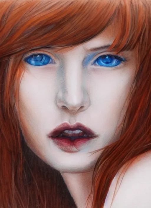 Image similar to close up portrait drawing of a ( thin young redhead woman with russian descent, sunbathed skin, with ( intricate deep blue eyes ) and ( wavy long maroon colored hair ) who looks directly at the camera with a ( slightly open mouth ) ). face takes up half of the photo. a park visible in the background. detailed 8 k art by luis royo.