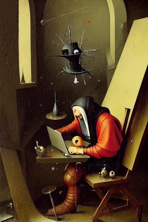 Image similar to hieronymus bosch, greg rutkowski, anna podedworna, painting of the master chief laughing at a laptop