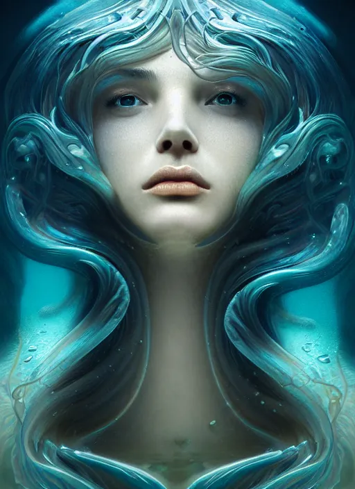 Image similar to an underwater photographic beauty portrait of an anthropomorphic bioluminescent liquid wave, dramatic murky volumetric lighting, fantasy, intricate, elegant, highly detailed, digital painting, artstation, concept art, smooth, sharp focus, illustration, art by artgerm and h r giger and alphonse mucha