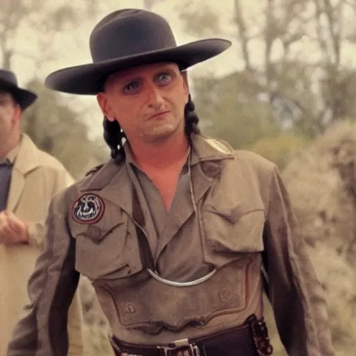 Prompt: Tim Robinson from I think You should Leave, wearing the Lone Ranger outfit and disguise, photo from the TV show Hot Shots Megee