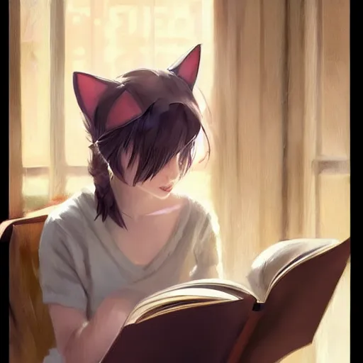 Prompt: Girl with cat ears studying from a textbook, by WLOP, by Artgerm, by Michael Garmash, by Rob Rey, digital art, trending on artstation, anime style, beautiful lightning, atmospheric